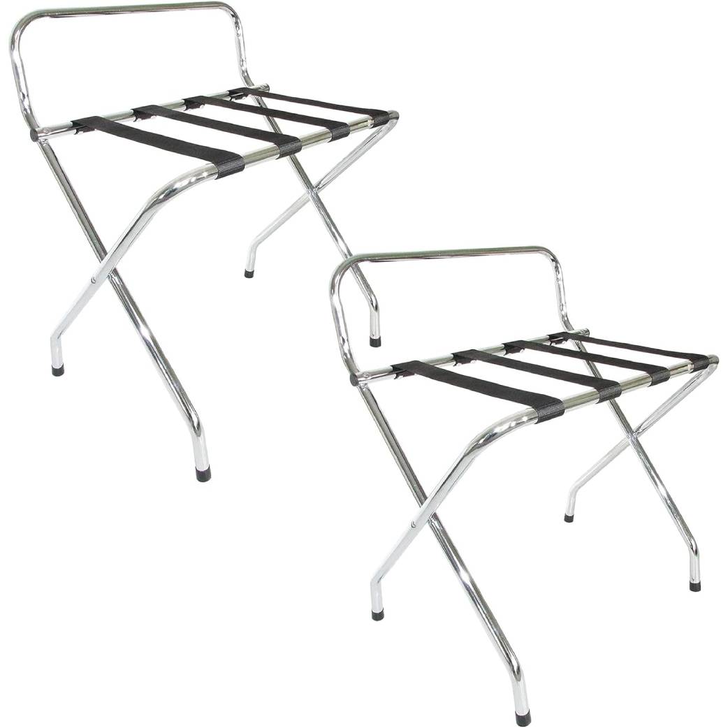 Foldable X-Shape Luggage Rack with Two Shelves, Nylon Straps, Chrome Finish