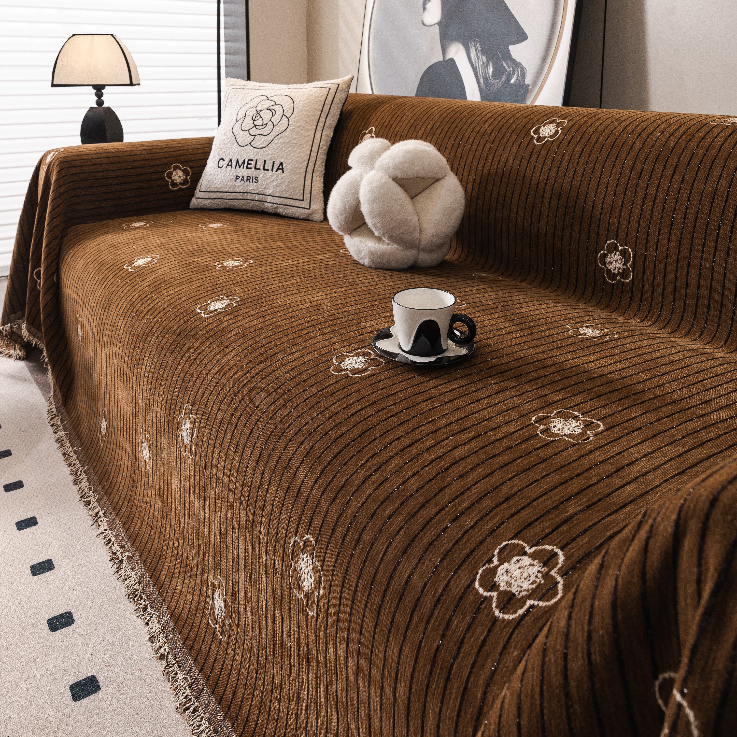 Chenille Camellia Floral Sofa Throw Cover Couch Blanket with Striped Jacquard