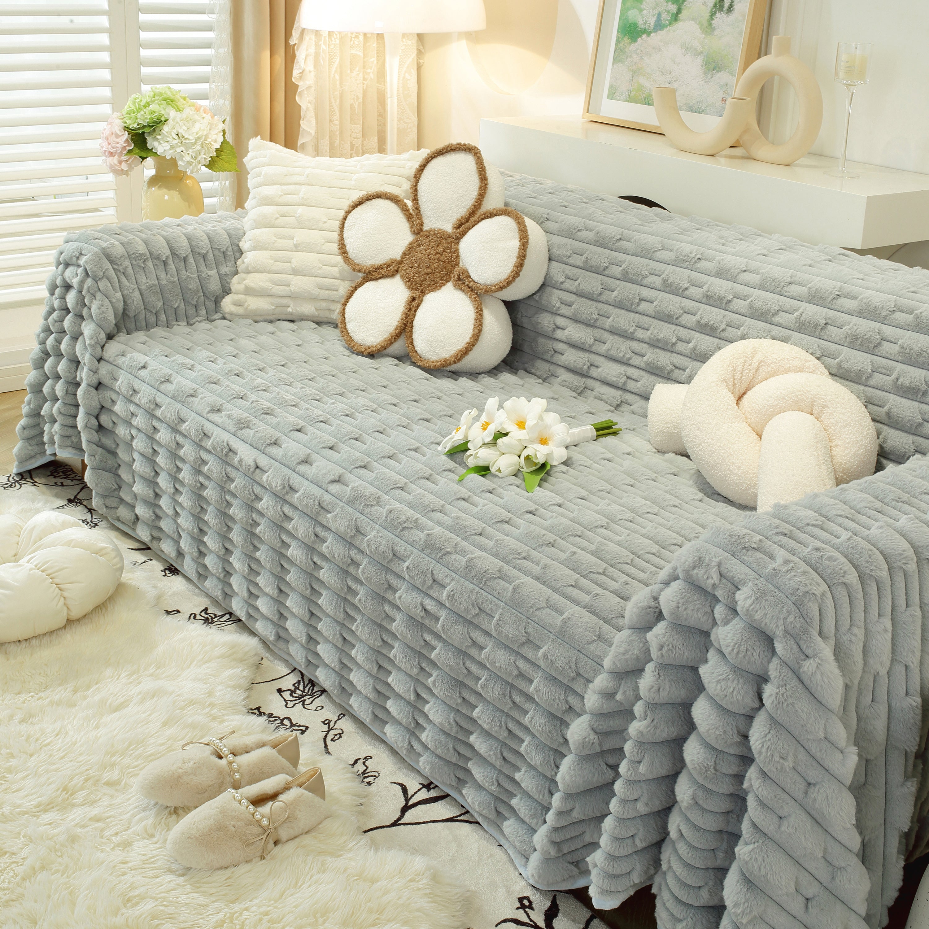 Fluffy Faux Fur Couch Cover Plush Sofa Throw, Warm & Stylish Sofa Protector