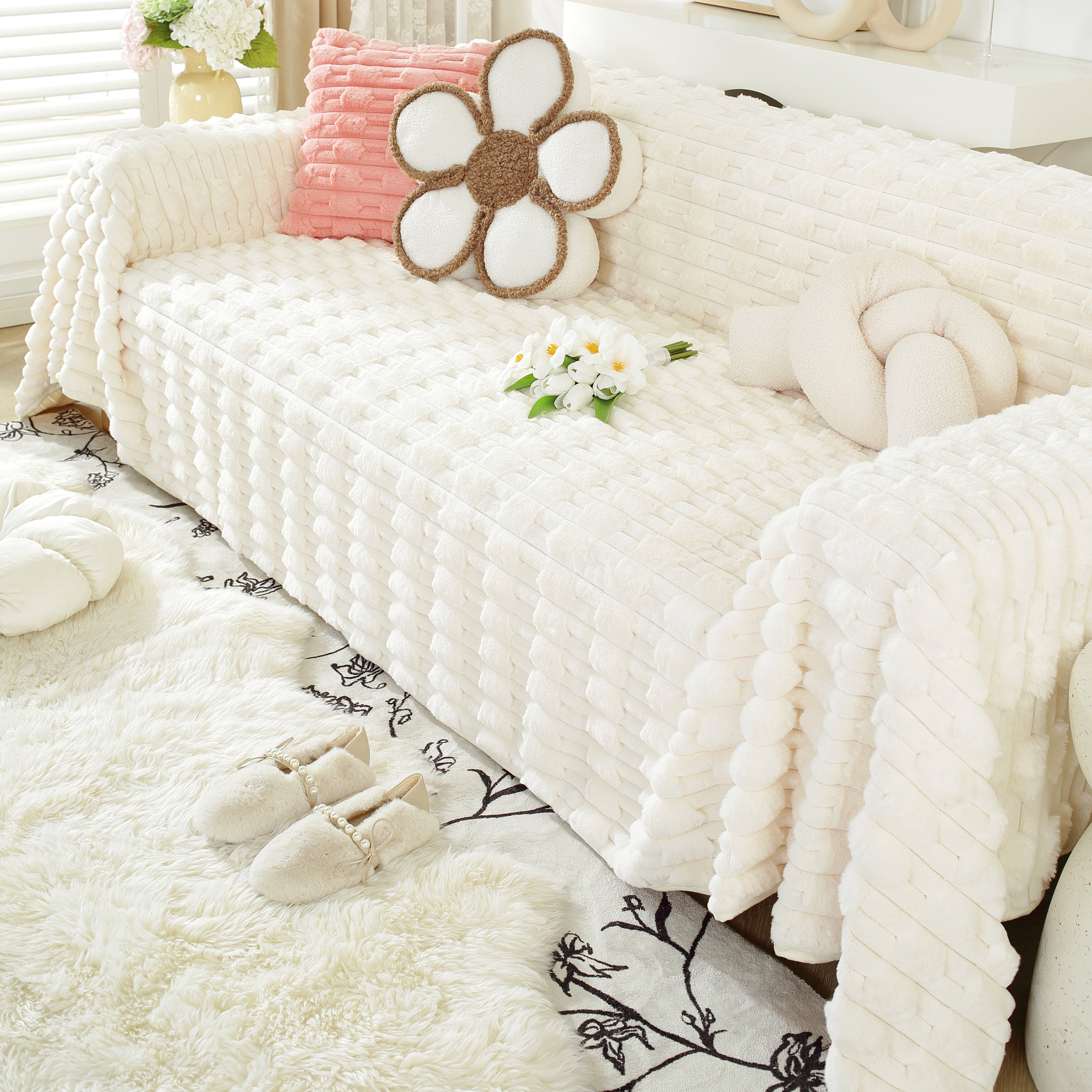 Fluffy Faux Fur Couch Cover Plush Sofa Throw, Warm & Stylish Sofa Protector