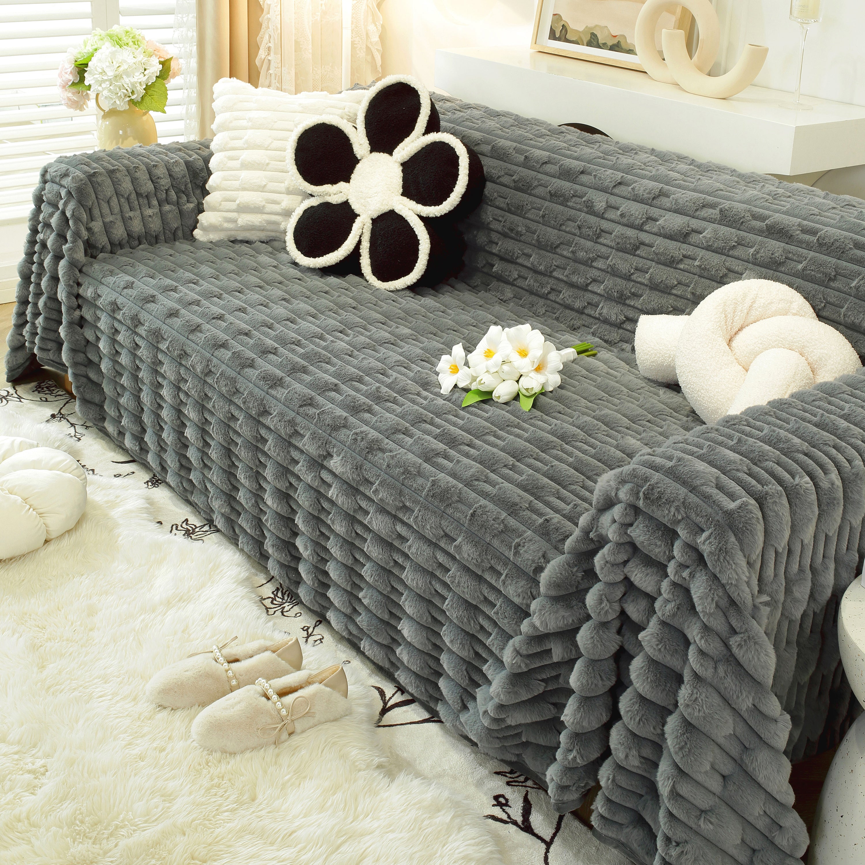 Fluffy Faux Fur Couch Cover Plush Sofa Throw, Warm & Stylish Sofa Protector