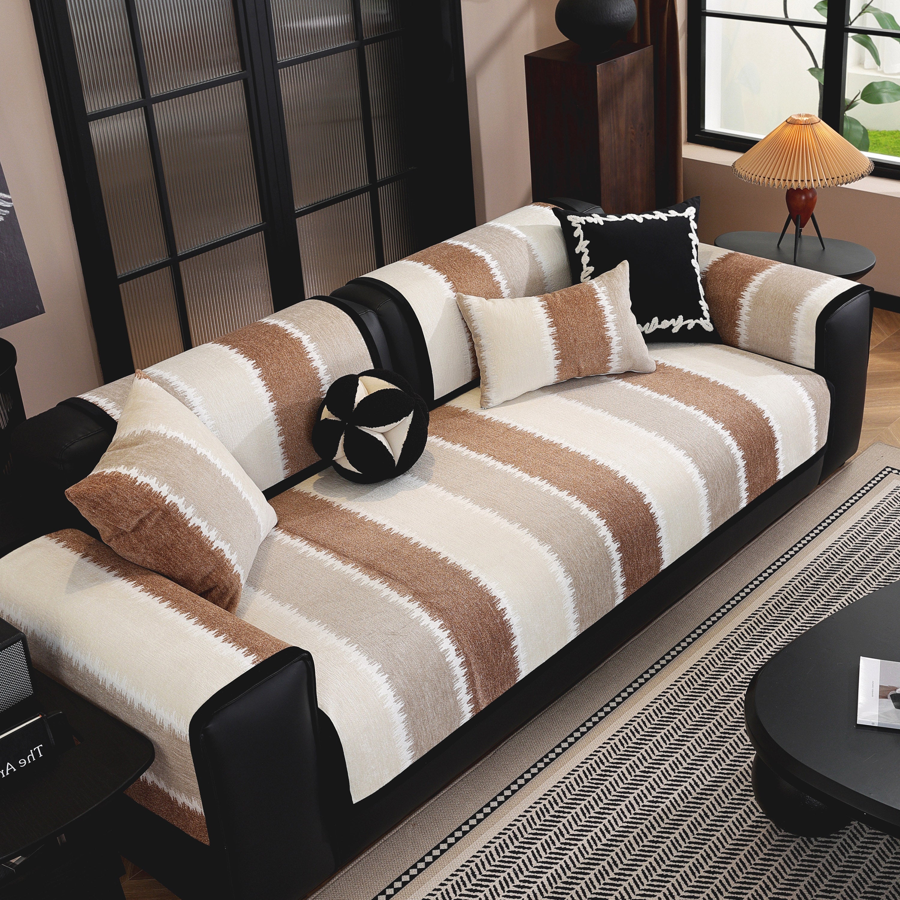 Striped Colorblock Non-Slip Sectional Couch Covers, Chenille Sofa Protector Cover