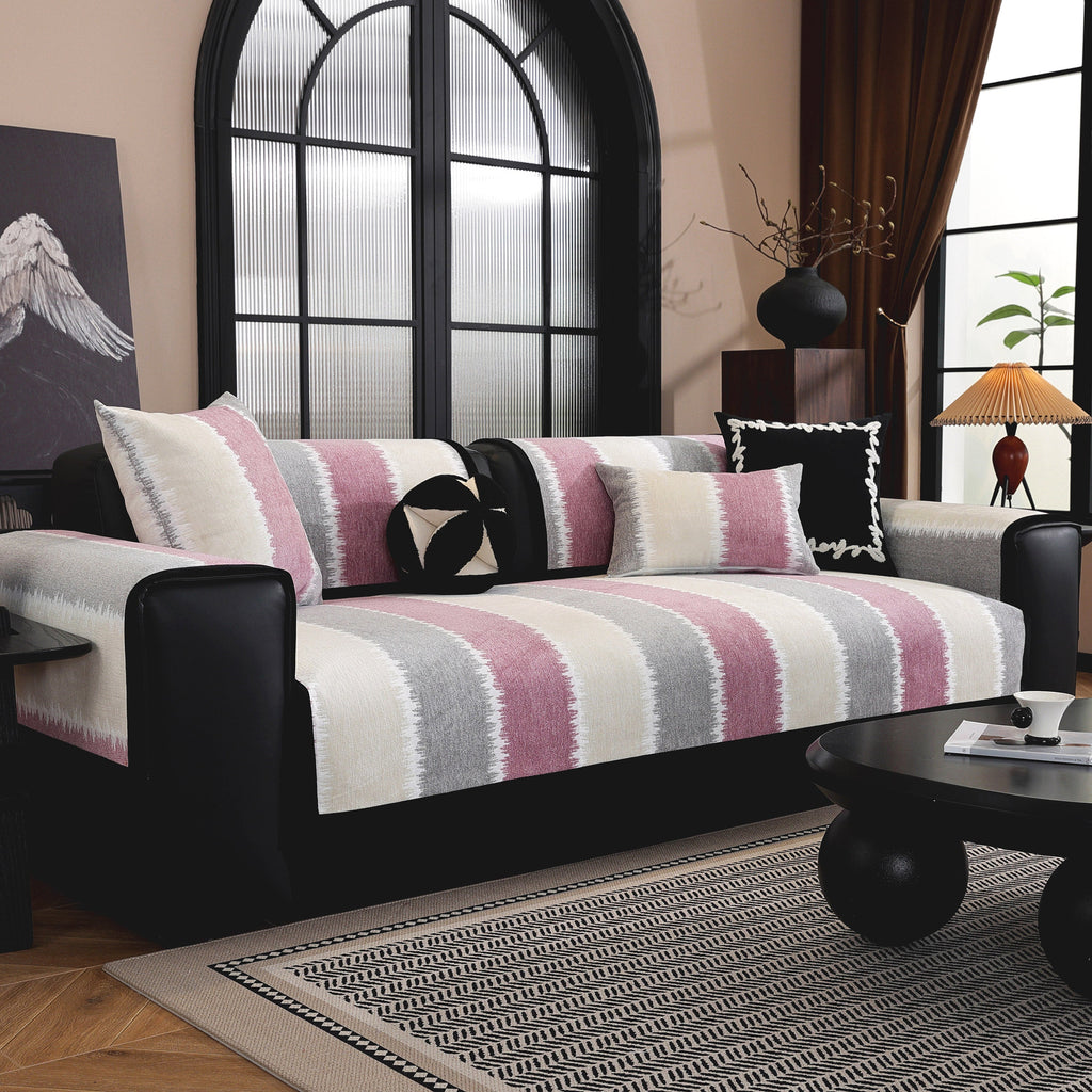 Striped Colorblock Non-Slip Sectional Couch Covers, Chenille Sofa Protector Cover