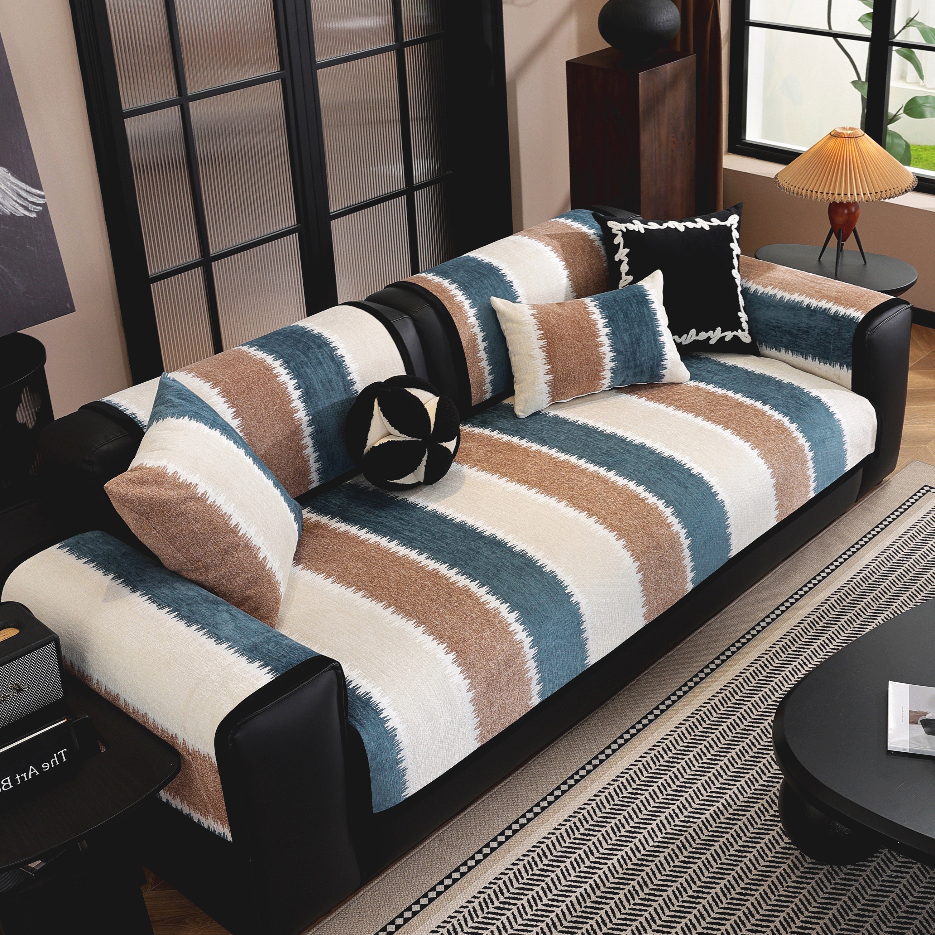 Striped Colorblock Non-Slip Sectional Couch Covers, Chenille Sofa Protector Cover