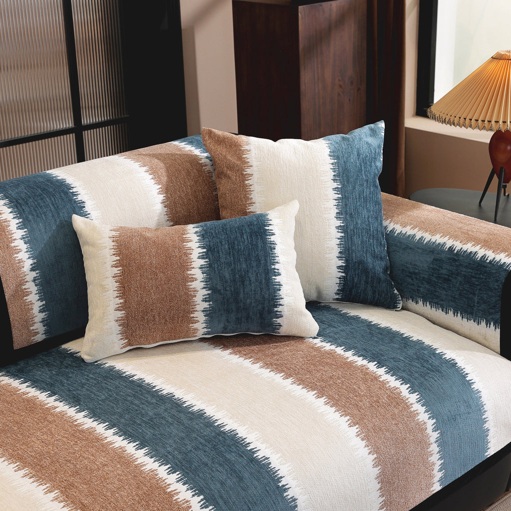 Striped Colorblock Non-Slip Sectional Couch Covers, Chenille Sofa Protector Cover