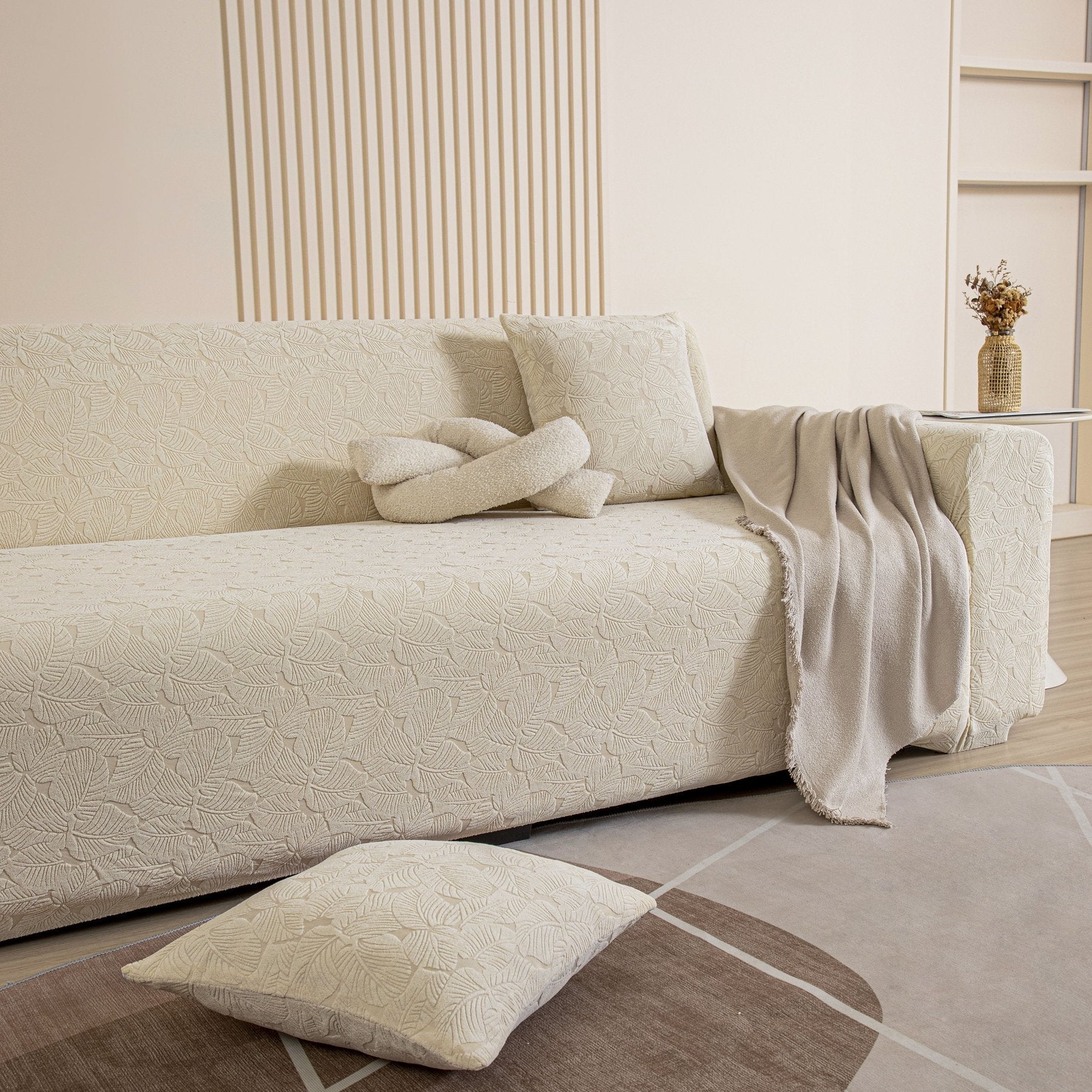 3D Jacquard Leaf Pattern Couch Slipcover, High Stretch Washable Textured Sofa Cover