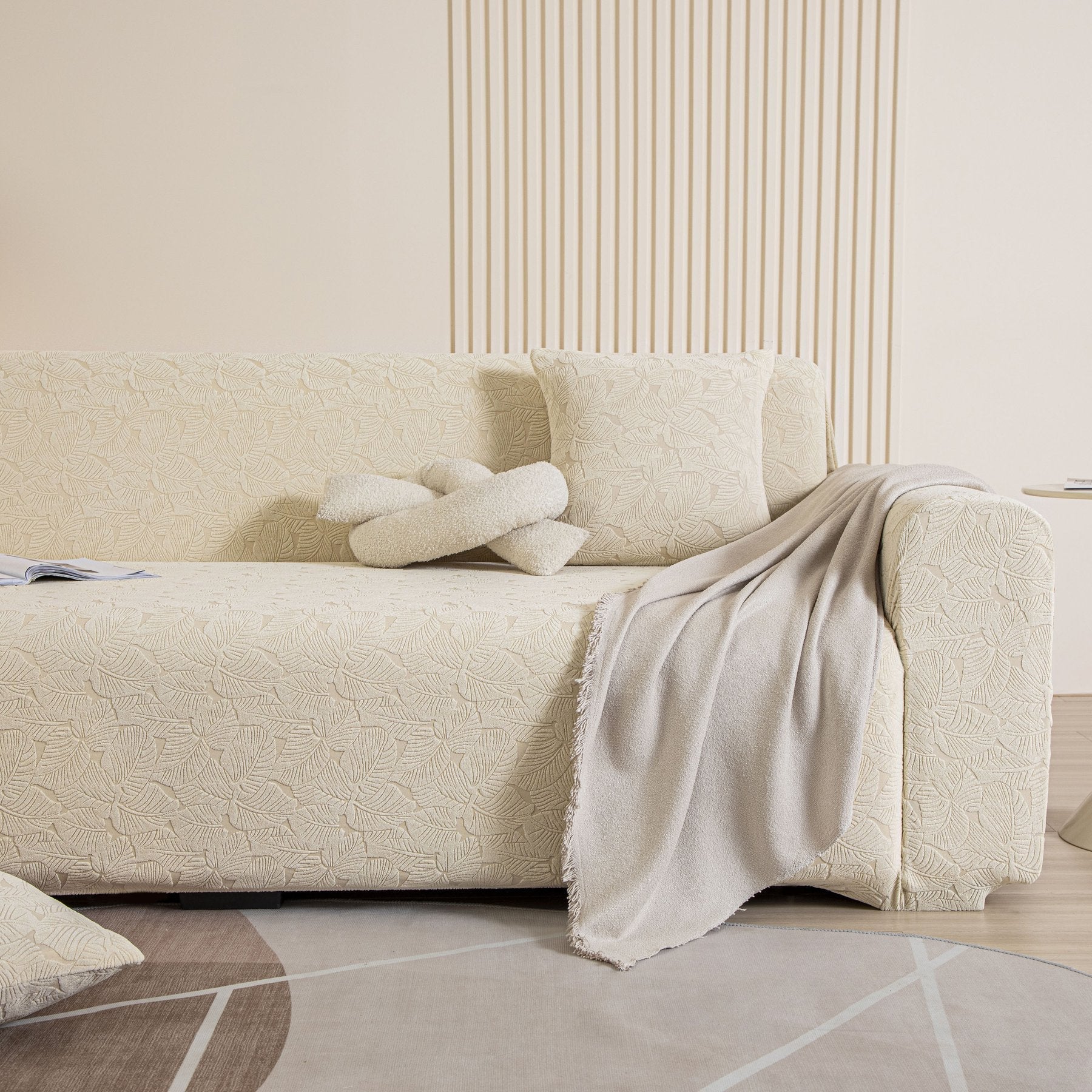 3D Jacquard Leaf Pattern Couch Slipcover, High Stretch Washable Textured Sofa Cover