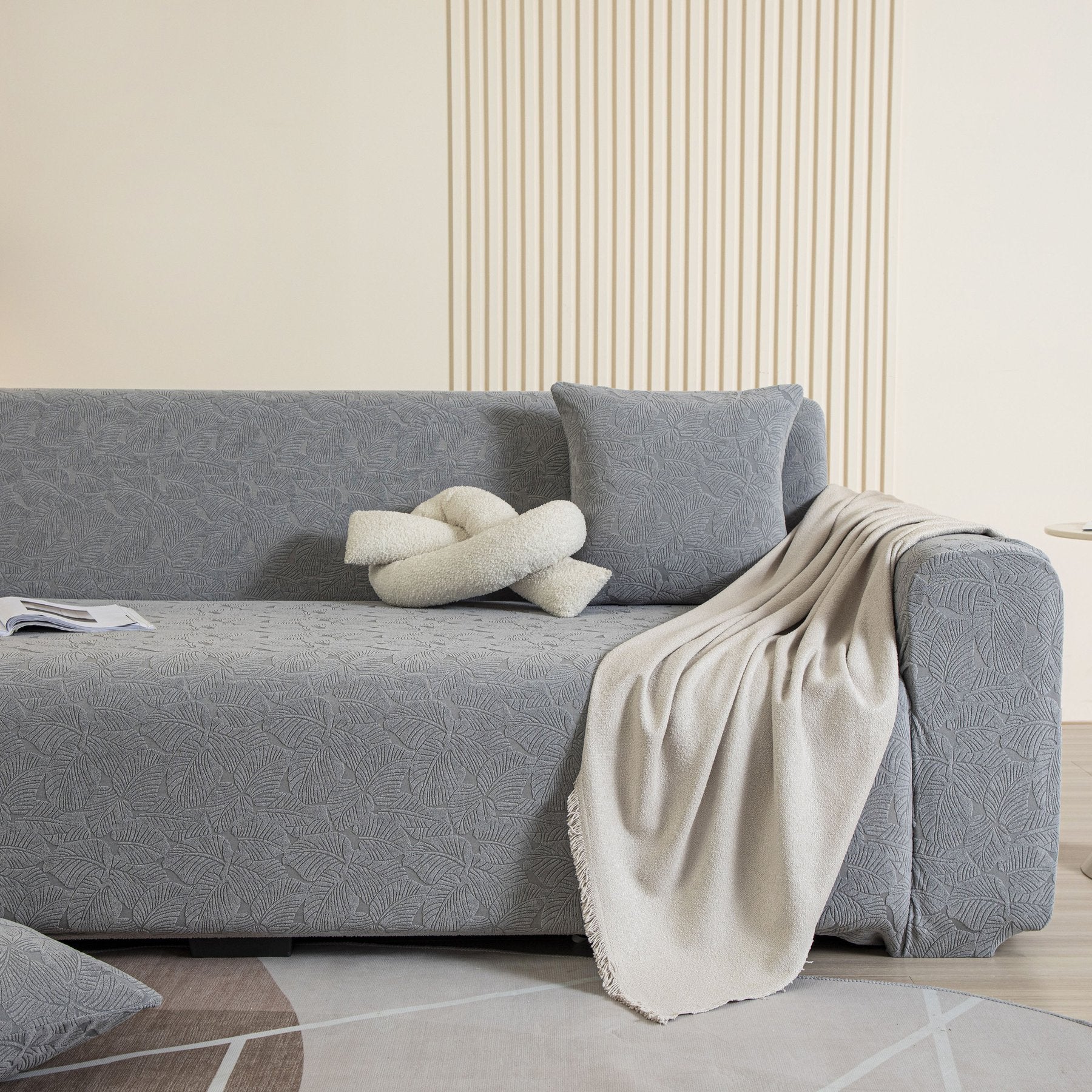 3D Jacquard Leaf Pattern Couch Slipcover, High Stretch Washable Textured Sofa Cover