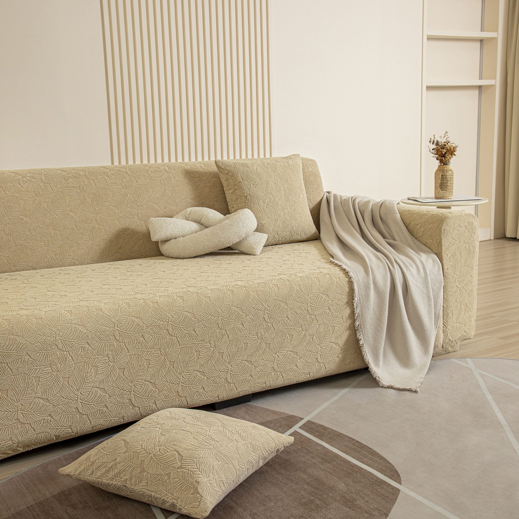 3D Jacquard Leaf Pattern Couch Slipcover, High Stretch Washable Textured Sofa Cover