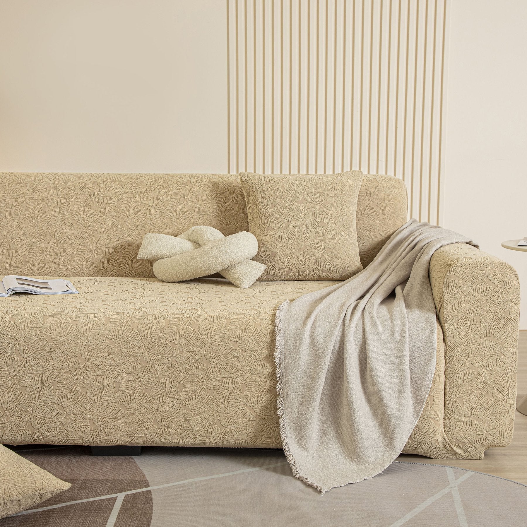 3D Jacquard Leaf Pattern Couch Slipcover, High Stretch Washable Textured Sofa Cover