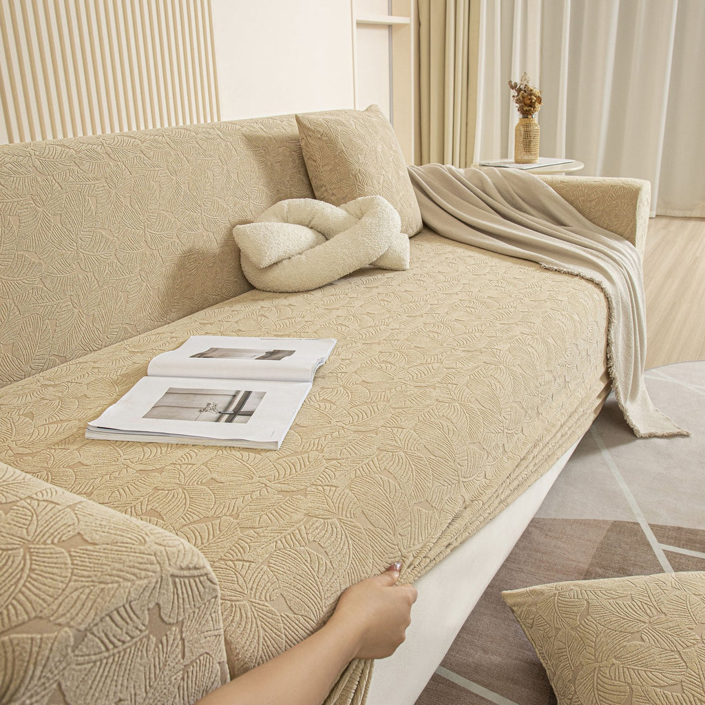 3D Jacquard Leaf Pattern Couch Slipcover, High Stretch Washable Textured Sofa Cover
