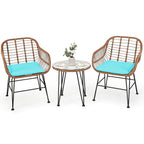 3-Piece Rattan Bistro Set with Cushions and Glass Table