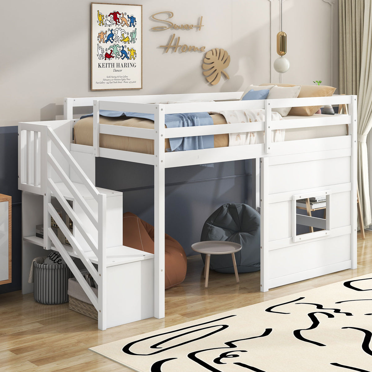 Loft Bed With Storage Staircase, Window & LED Light