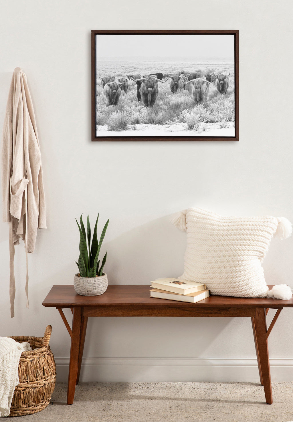 Sylvie Herd of Highland Cows Black and White Framed Canvas by The Creative Bunch Studio
