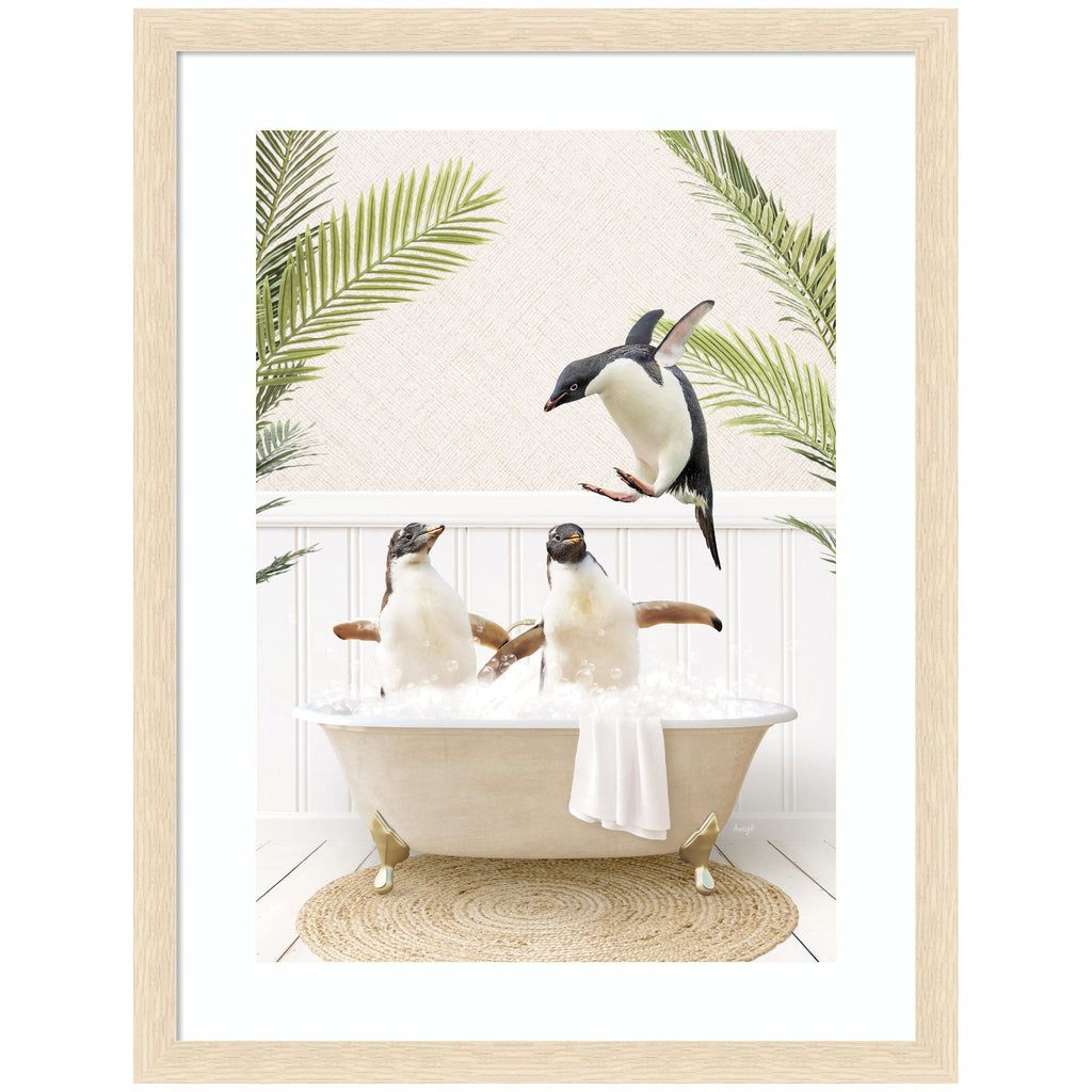 Penguins in Palms Bath by Amy Peterson Framed Wall Art Print