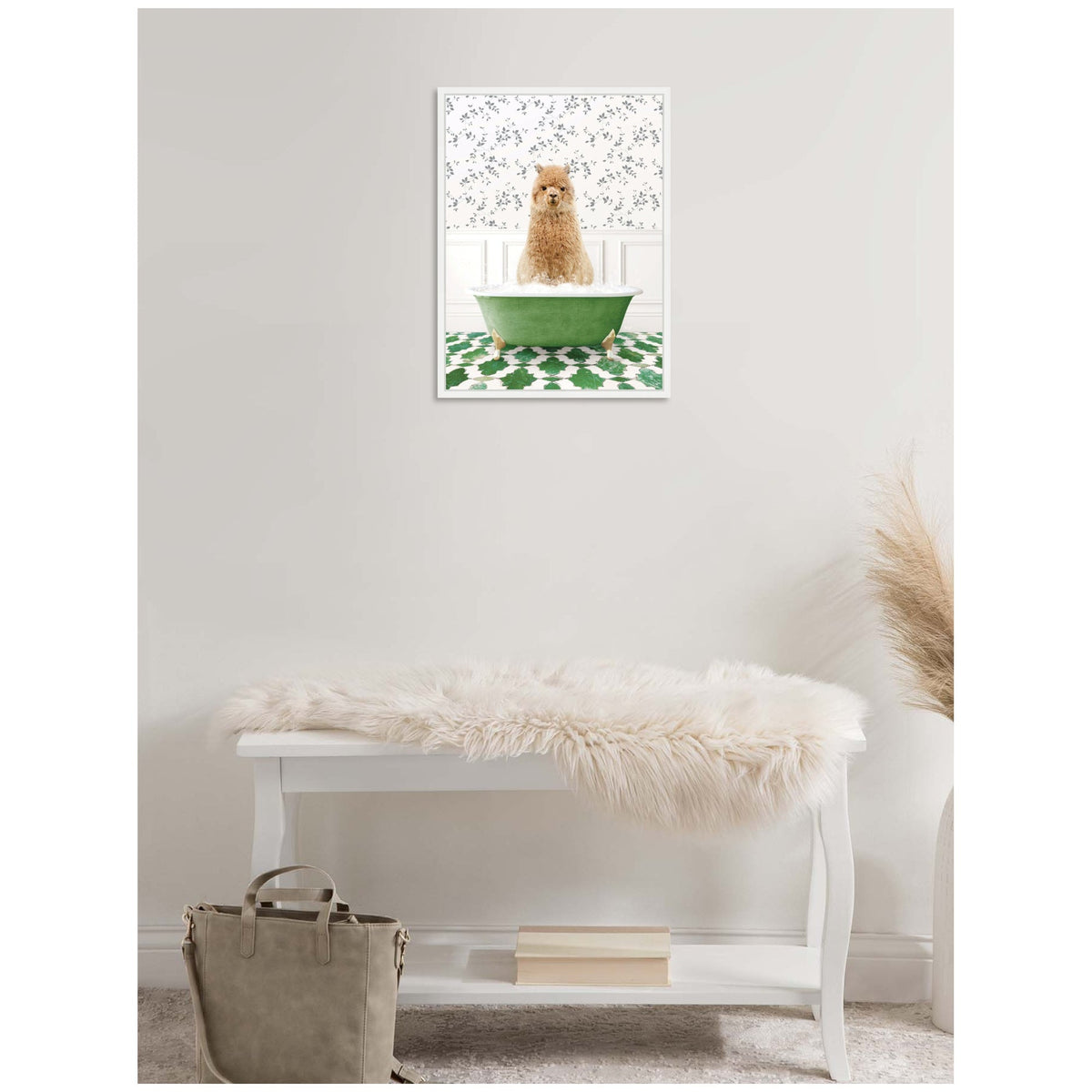 Sylvie Alpaca in Eclectic Green Bathtub Framed Canvas by Amy Peterson
