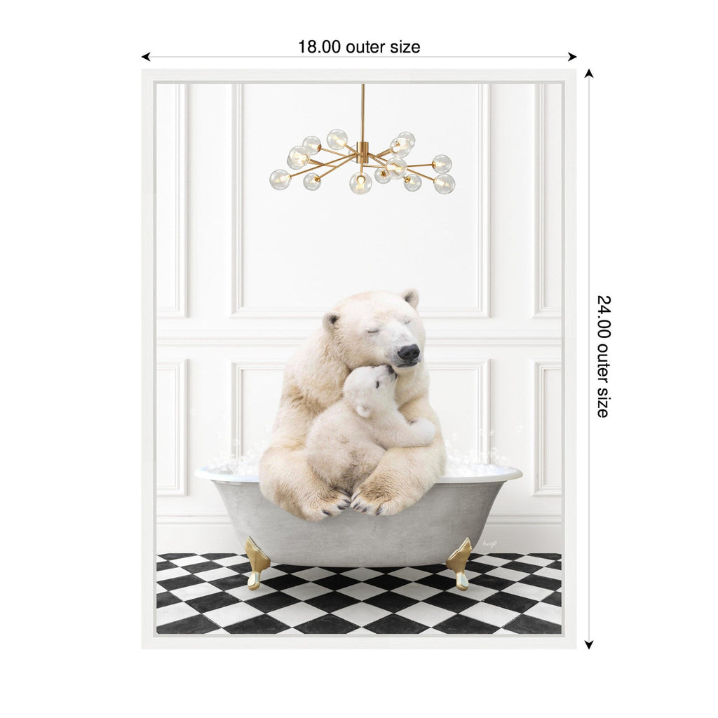 Sylvie Mother and Baby Polar Bear in Gray Bathtub on Checker Floor Framed Canvas by Amy Peterson