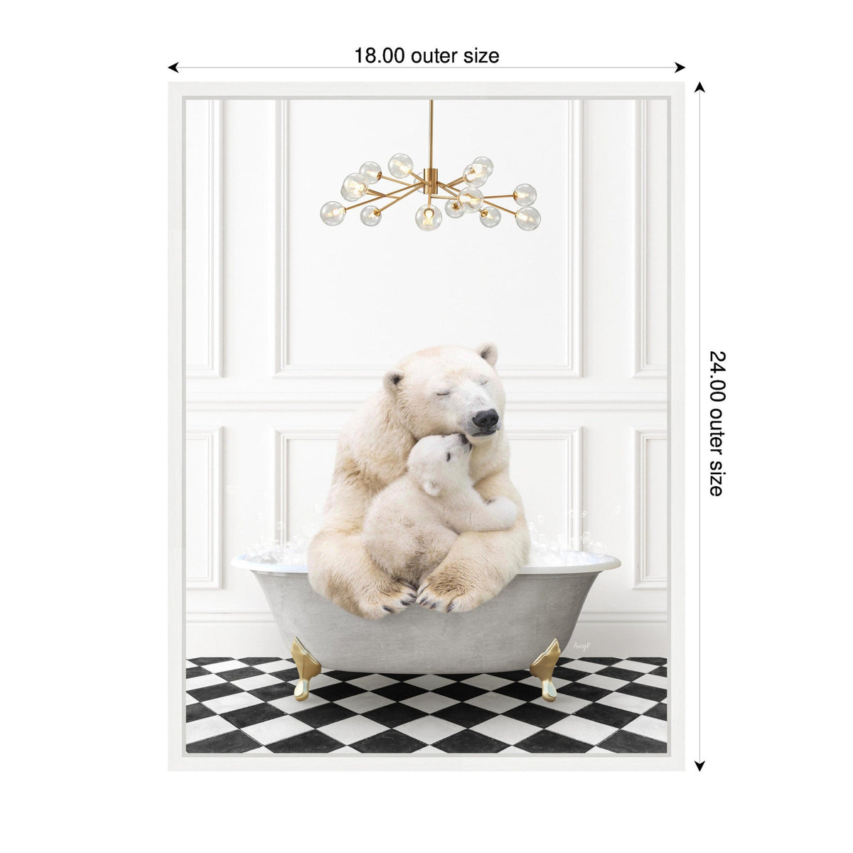 Sylvie Mother and Baby Polar Bear in Gray Bathtub on Checker Floor Framed Canvas by Amy Peterson