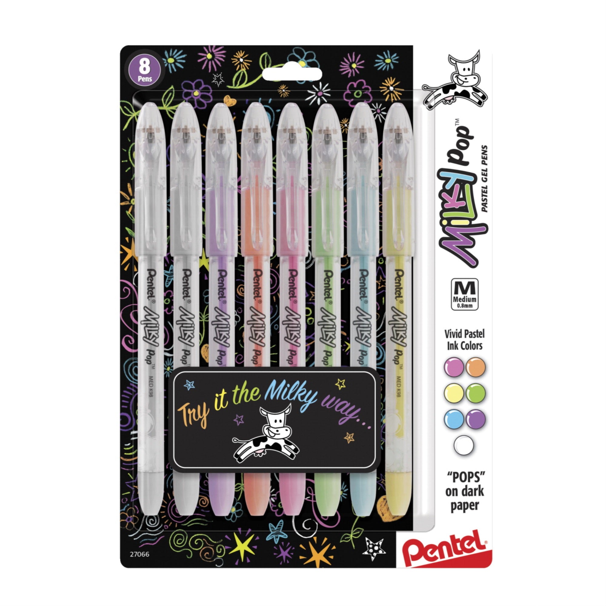 Pentel Milky Pop Pastel Gel Pen, 0.8 Mm Medium Line, Assorted, Pack Of 8