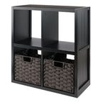 Winsome Wood Timothy 3-Pc 2X2 Storage Shelf With 2 Foldable Woven Baskets - Black And Chocolate