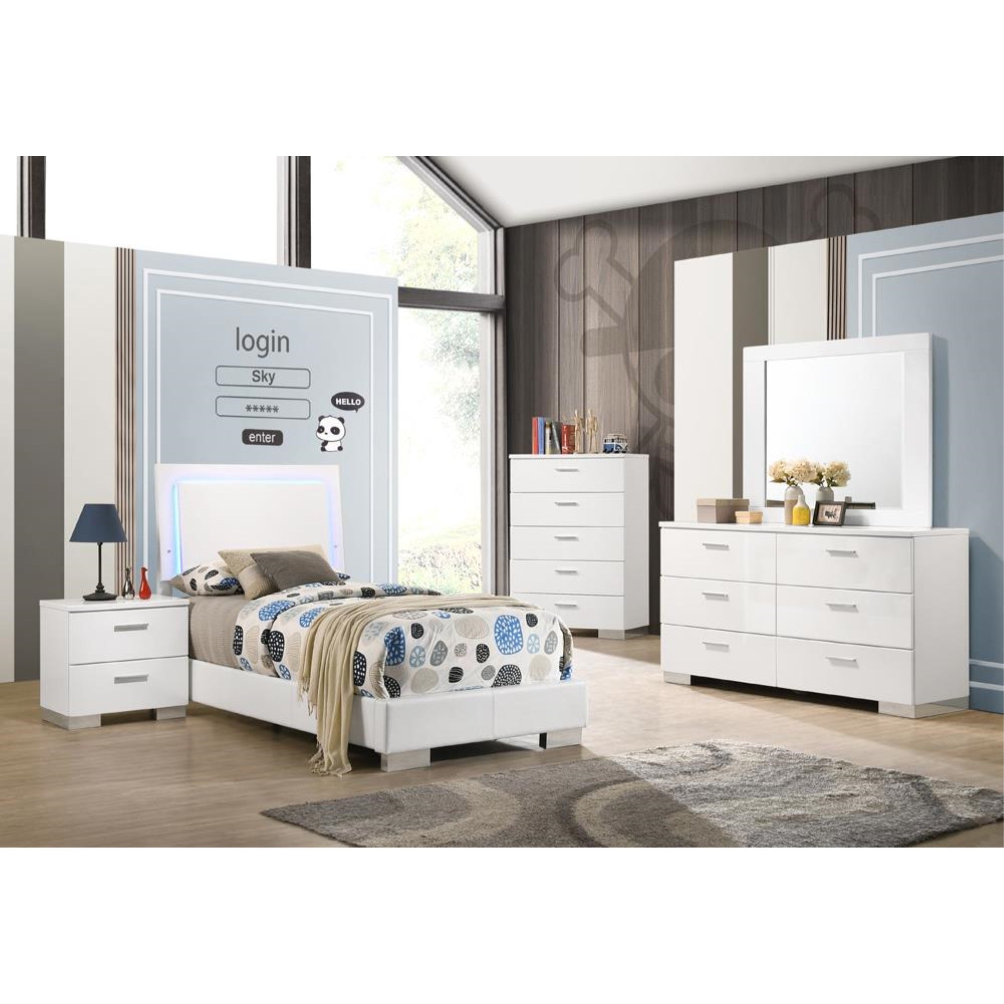 Felicity 4piece Twin Bedroom Set with LED Headboard Glossy White