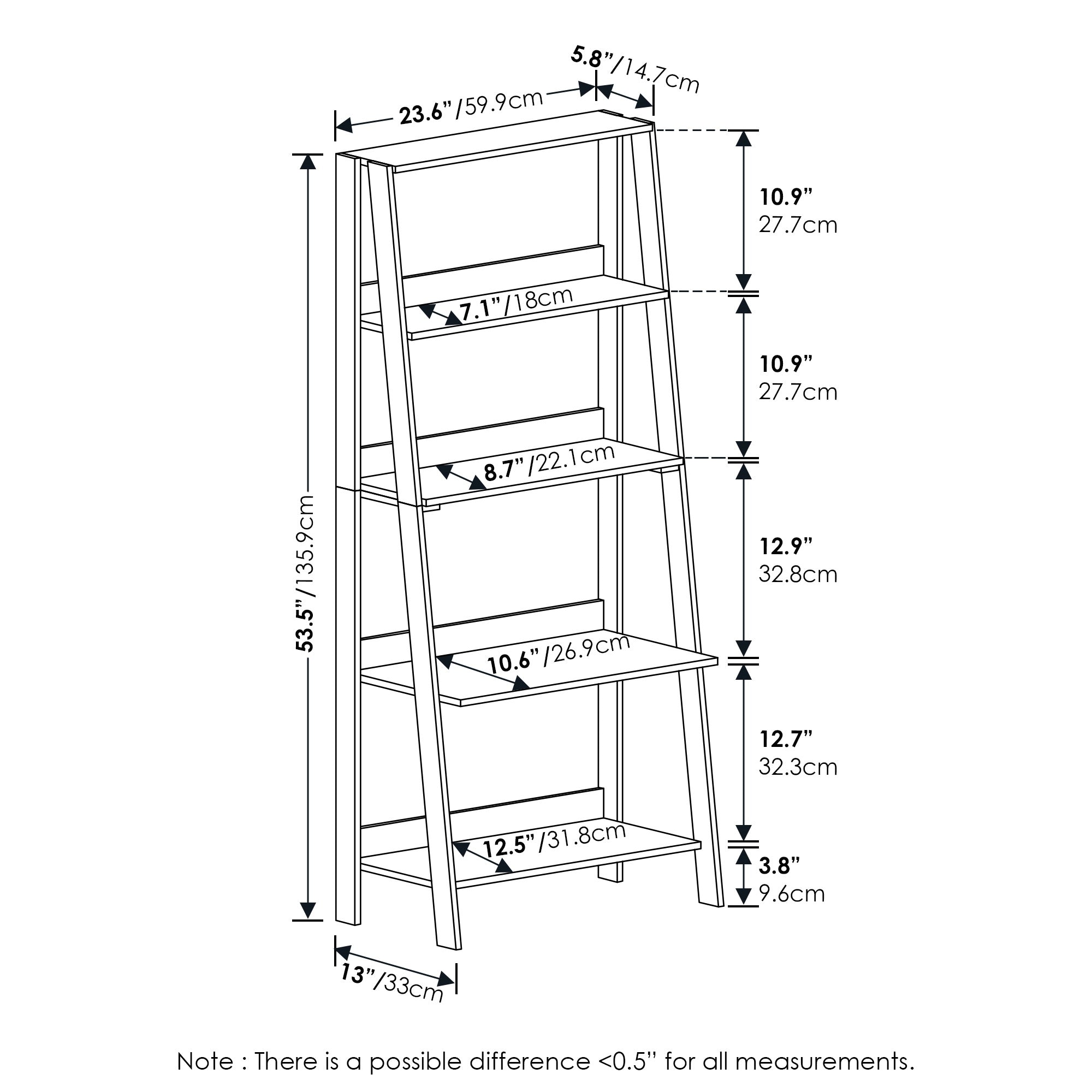 Furinno Ladder Bookcase Display Shelf, 5-Tier, Espresso