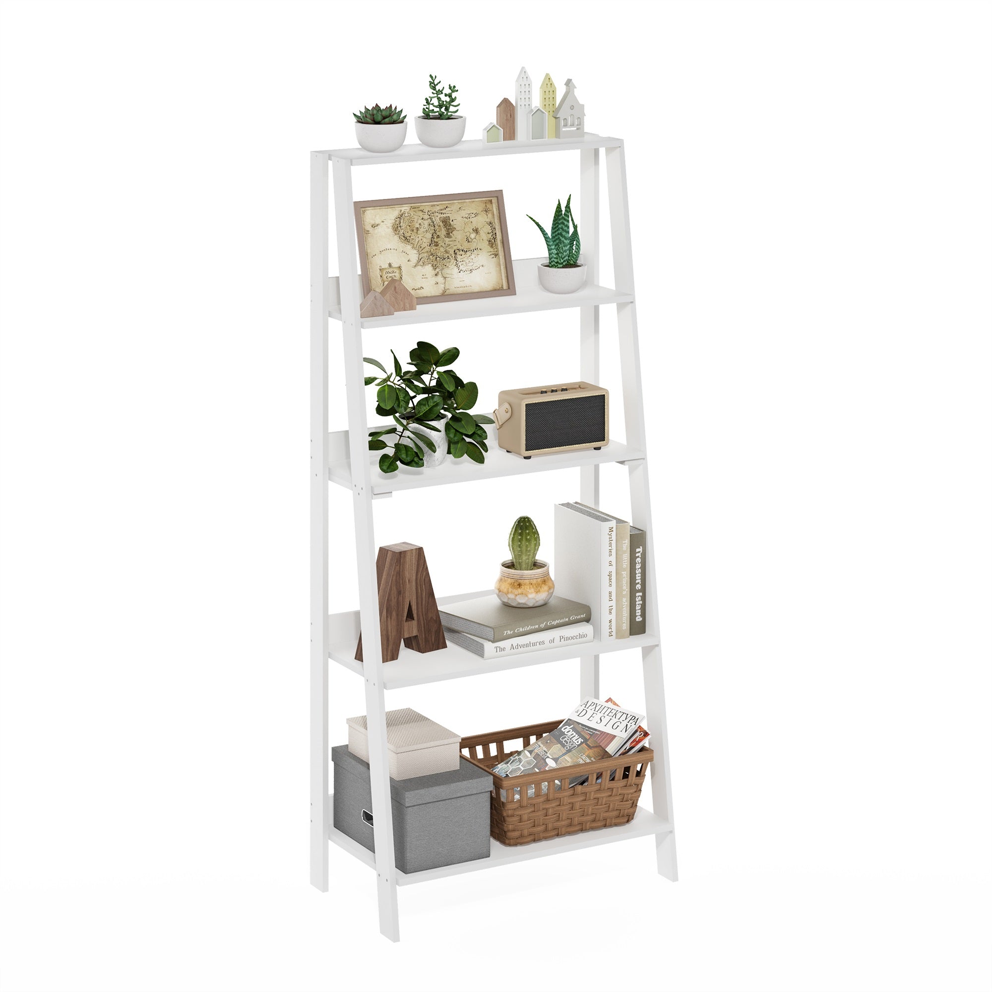 Furinno Ladder Bookcase Display Shelf, 5-Tier, White