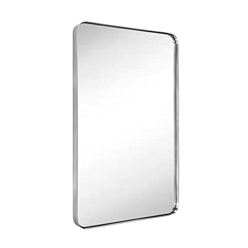 GRACTO 24x36 Brushed Nickel Metal Framed Bathroom Mirror for Wall in Stainless Steel Rounded Rectangular Bathroom Vanity Mirro