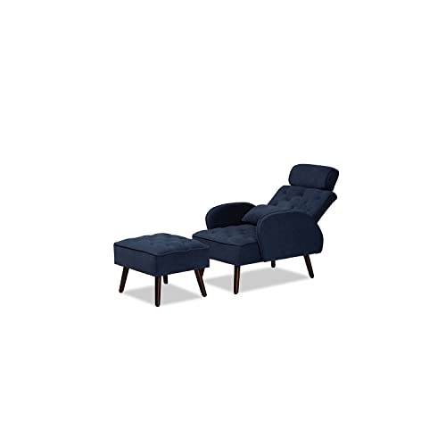Baxton Studio Haldis Modern and Contemporary Navy Blue velvet Fabric Upholstered and Walnut Brown Finished Wood 2-Piece Lounge Chair and Ottoman Set