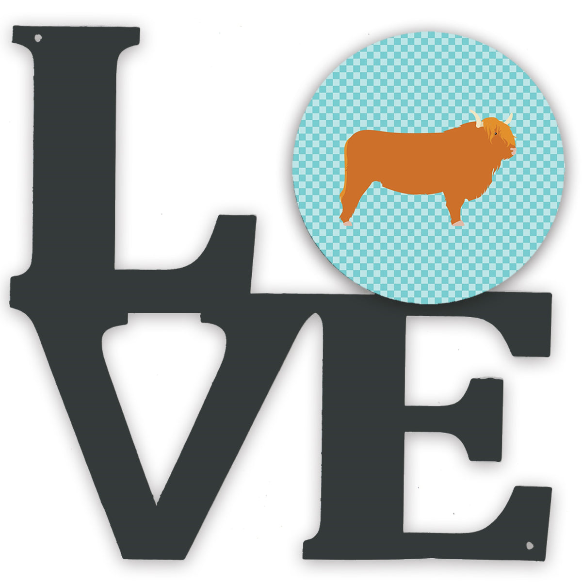 Highland Cow Blue Check Metal Wall Artwork Love