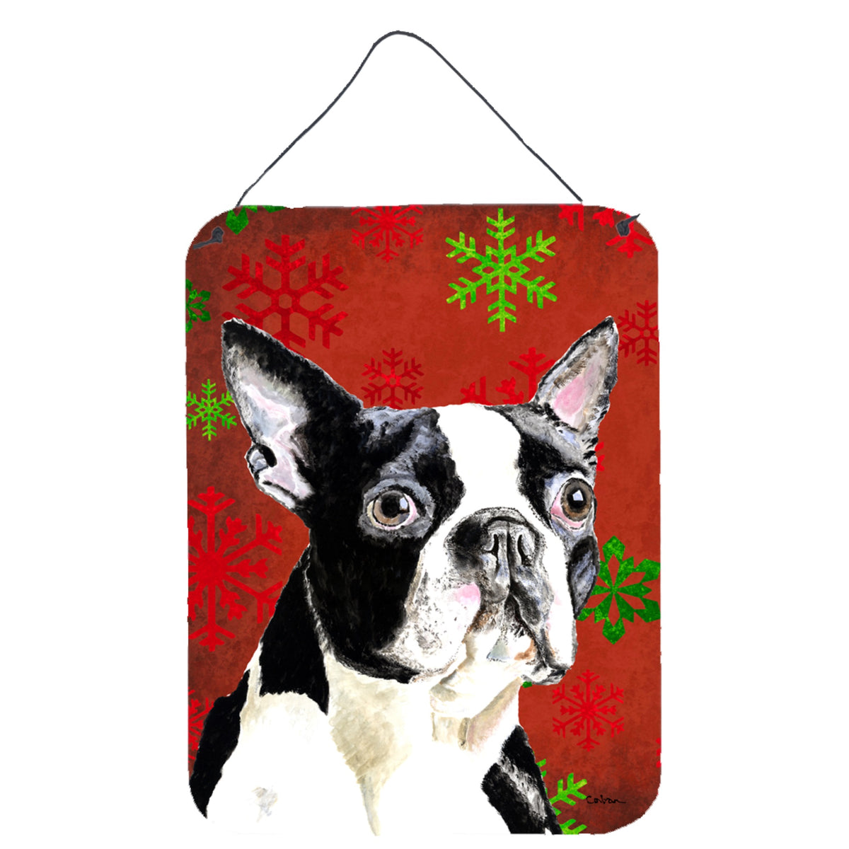 Boston Terrier Red Green Snowflakes Christmas Wall Or Door Hanging Prints