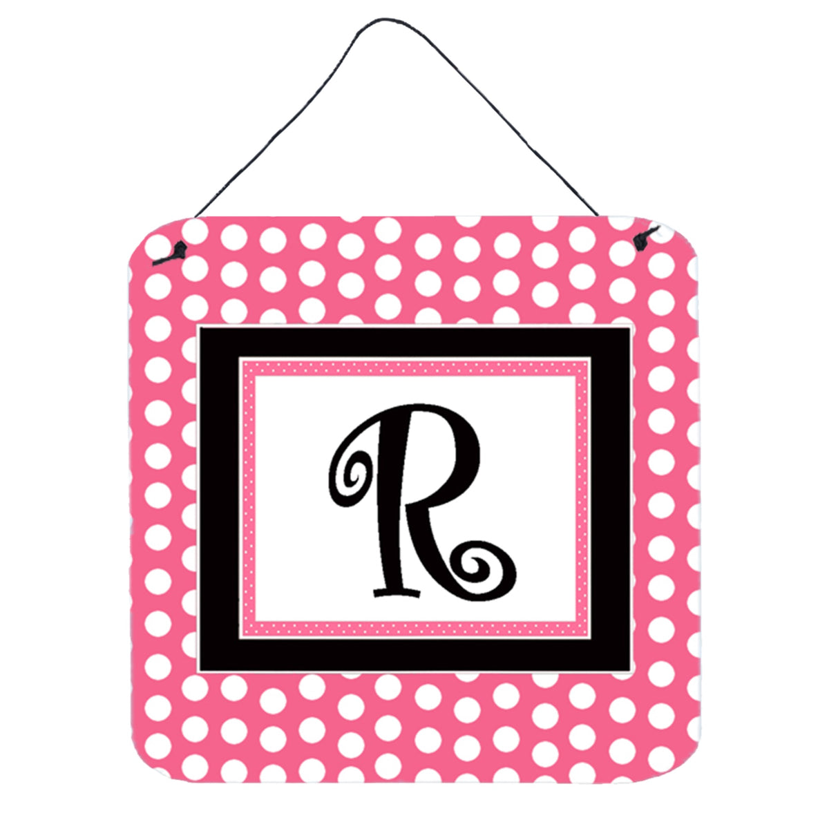 Letter R Monogram  Pink Black Polka Dots Wall Or Door Hanging Prints