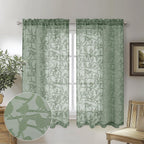 Ovzme Anji Bird Sage Green Sheer Curtains 45 Inches Long 2 Panels Set For Small Window, Light Filtering Privacy Cafe Curtains Ro