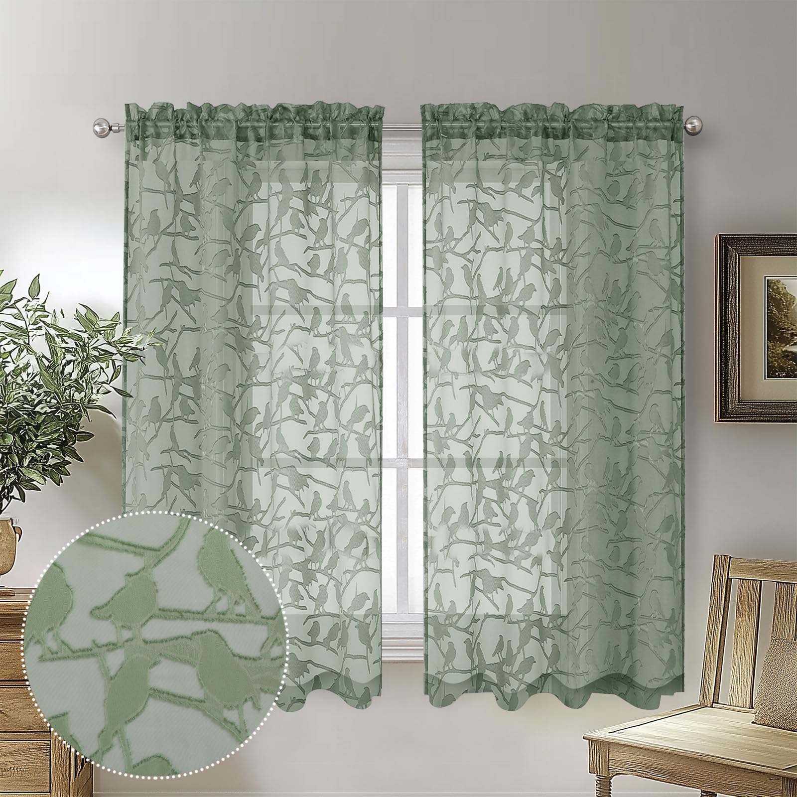 Ovzme Anji Bird Sage Green Sheer Curtains 45 Inches Long 2 Panels Set For Small Window, Light Filtering Privacy Cafe Curtains Ro