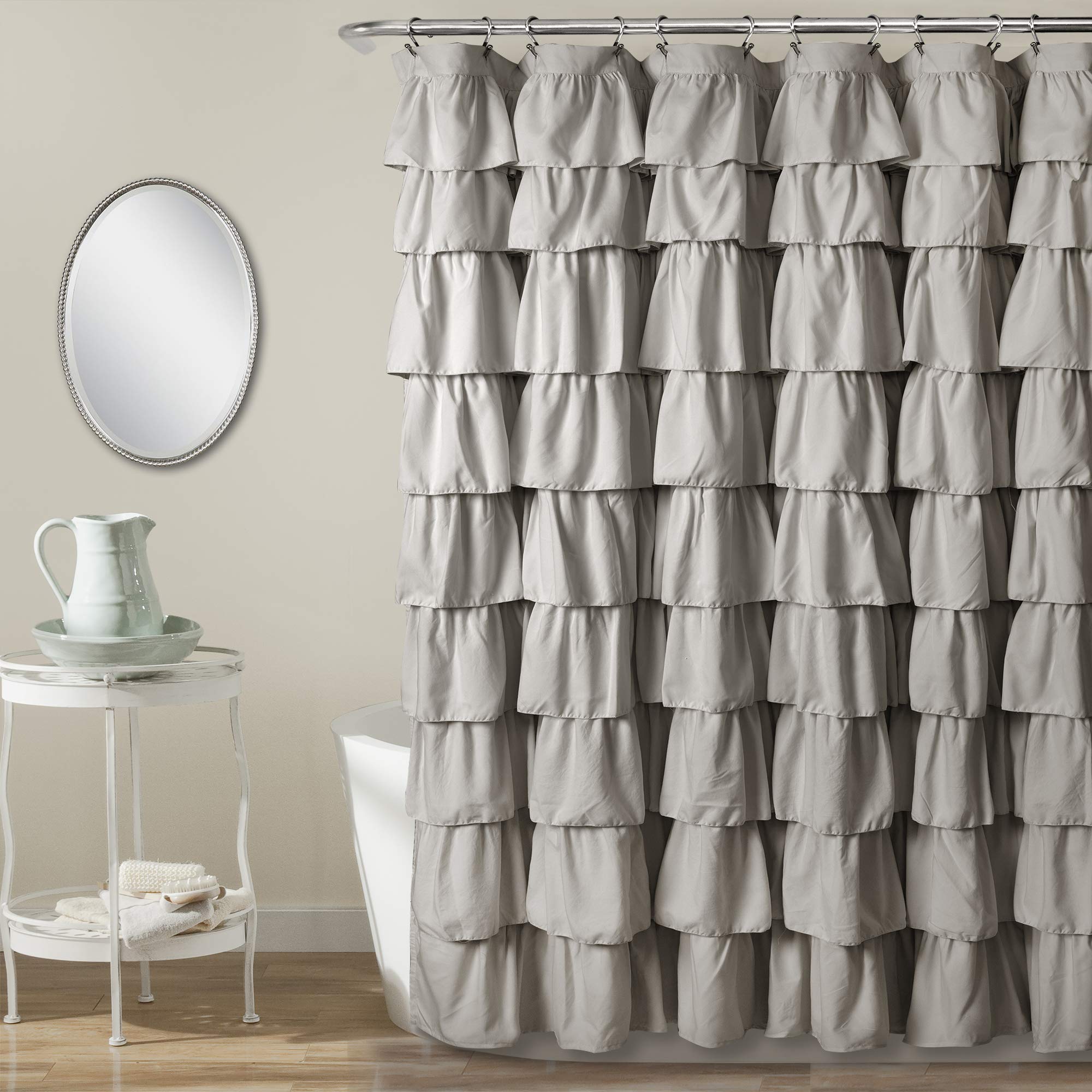 Lush Decor Ruffle Shower Curtain | Floral Textured Vintage Chic Farmhouse Style Design, Light Gray, 72' X 72'
