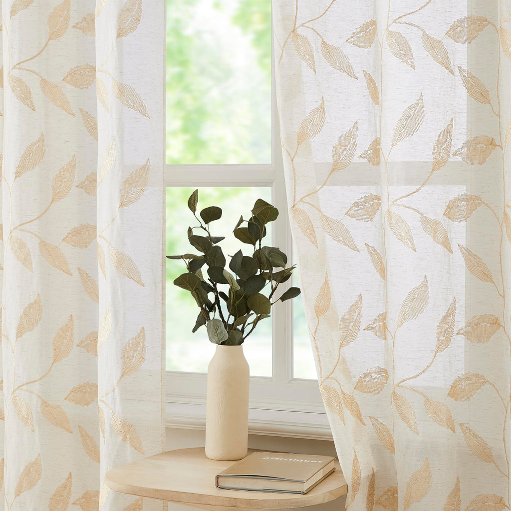 Bujasso Gold Linen Leaf Sheer Curtains 84 Inch Embroidered Floral Farmhouse Light Filtering Window Panels Botanical Sheer Drapes