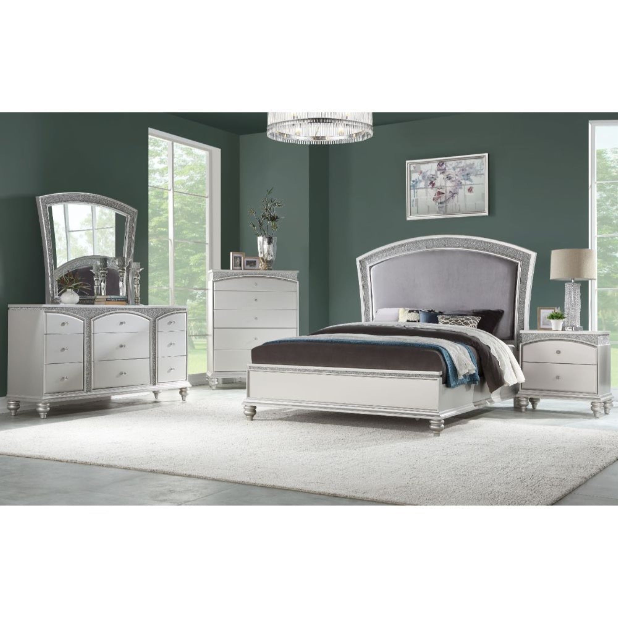 Acme Maverick Queen Upholstered Wooden Panel Bed in White Platinum