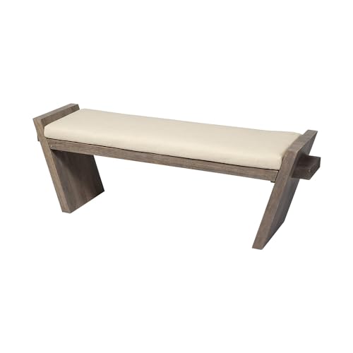 HomeRoots 14&quot; Off White and Brown Upholstered Linen Blend Bench