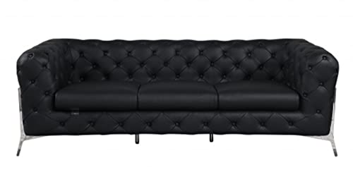 HomeRoots 93' Black Genuine Tufted Leather and Chrome Standard Sofa