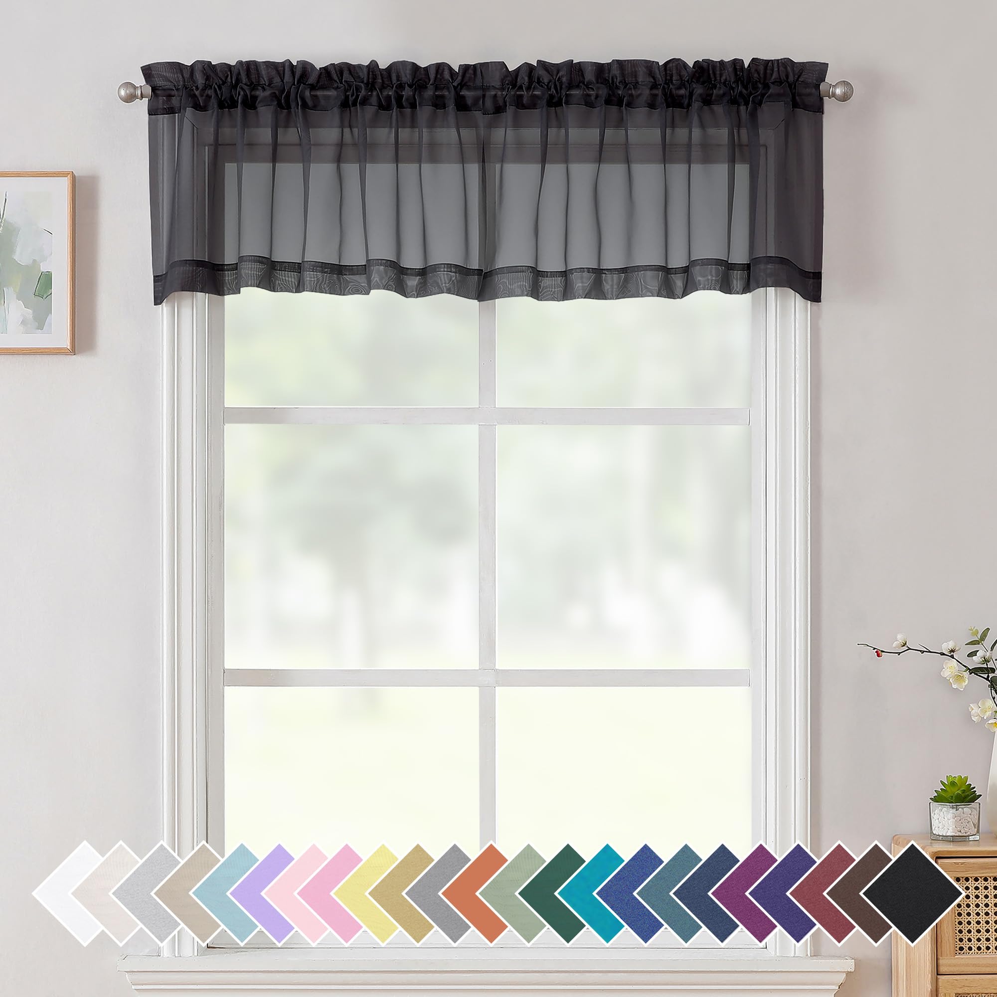 Aiyufeng 2 Panels Black Sheer Valance 14 Inch Length, Short Black Sheer Curtains For Bedroom, 14 Inches Black Kitchen Curtains F