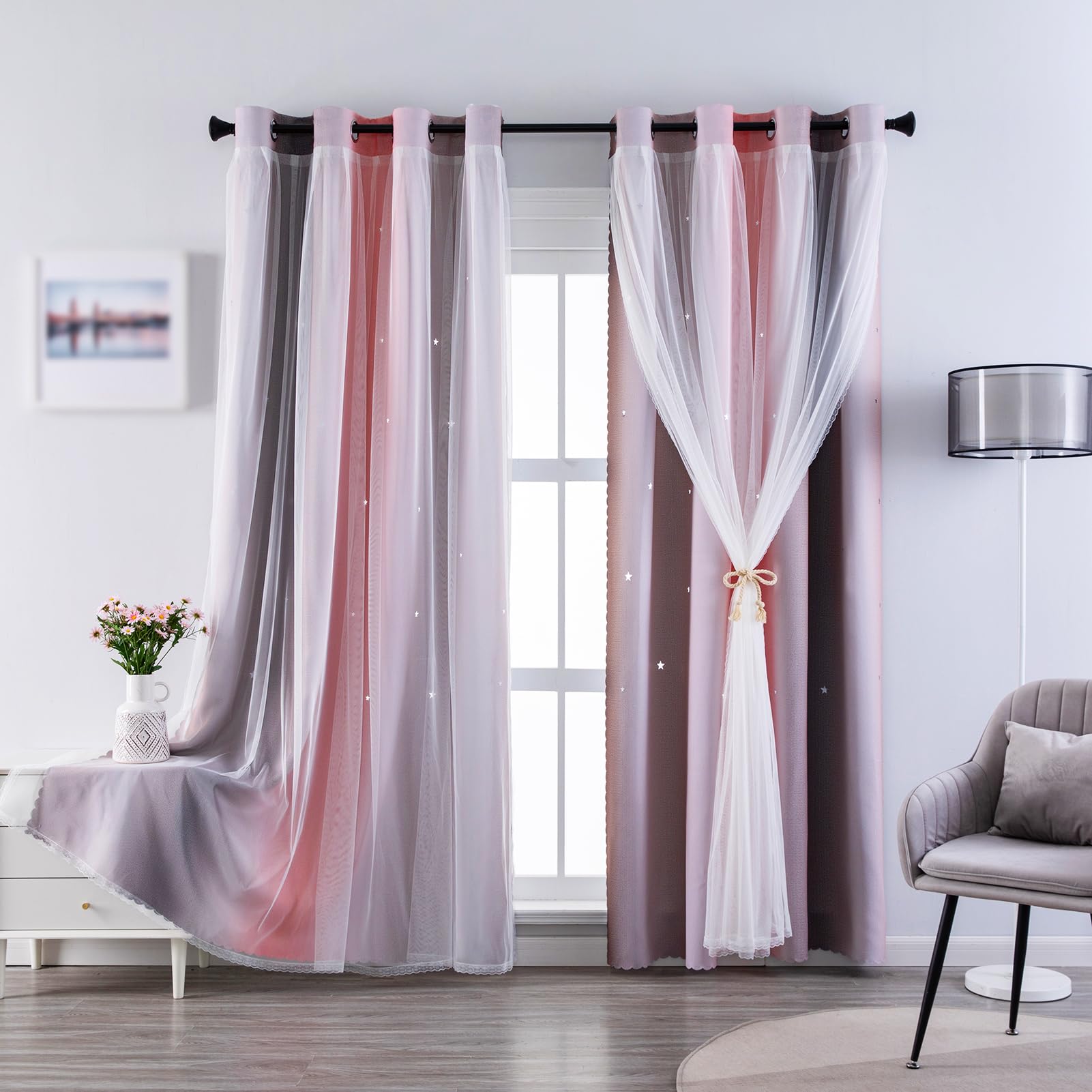 Indistar Cutout Blackout Window Curtains For Girls Kids Bedroom Double Layer Star Cut Out Gradient Stripe Curtains, 1 Panel (Pin