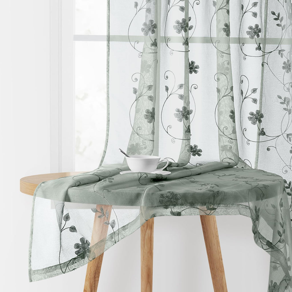 Homeideas Sage Green Sheer Curtains 63 Inches Length 2 Panels Embroidered Floral Sheer Pattern Curtains Semi Sheer Window Curtai