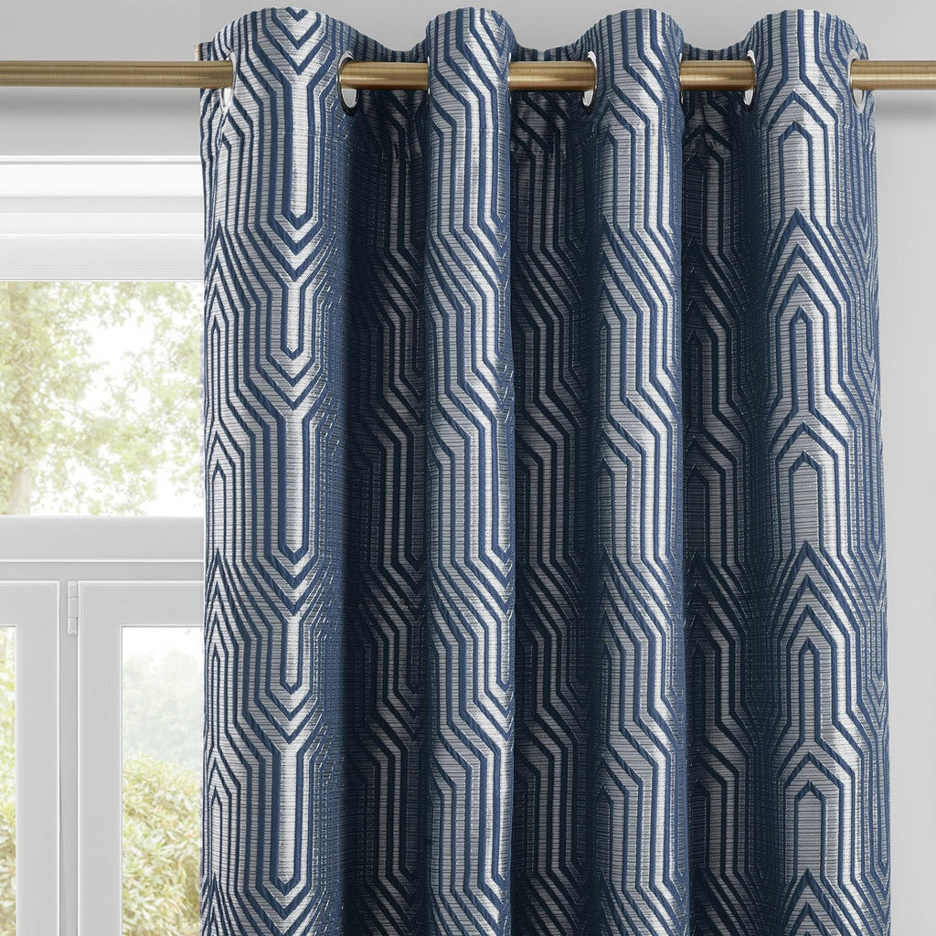 Indigo Blue And Silvery 100% Blackout Jacquard Geometric Pattern Curtains,52 Inch Wide 63 Inch Length 2 Panels, Thermal Insulate