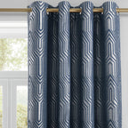 Indigo Blue And Silvery 100% Blackout Jacquard Geometric Pattern Curtains,52 Inch Wide 63 Inch Length 2 Panels, Thermal Insulate