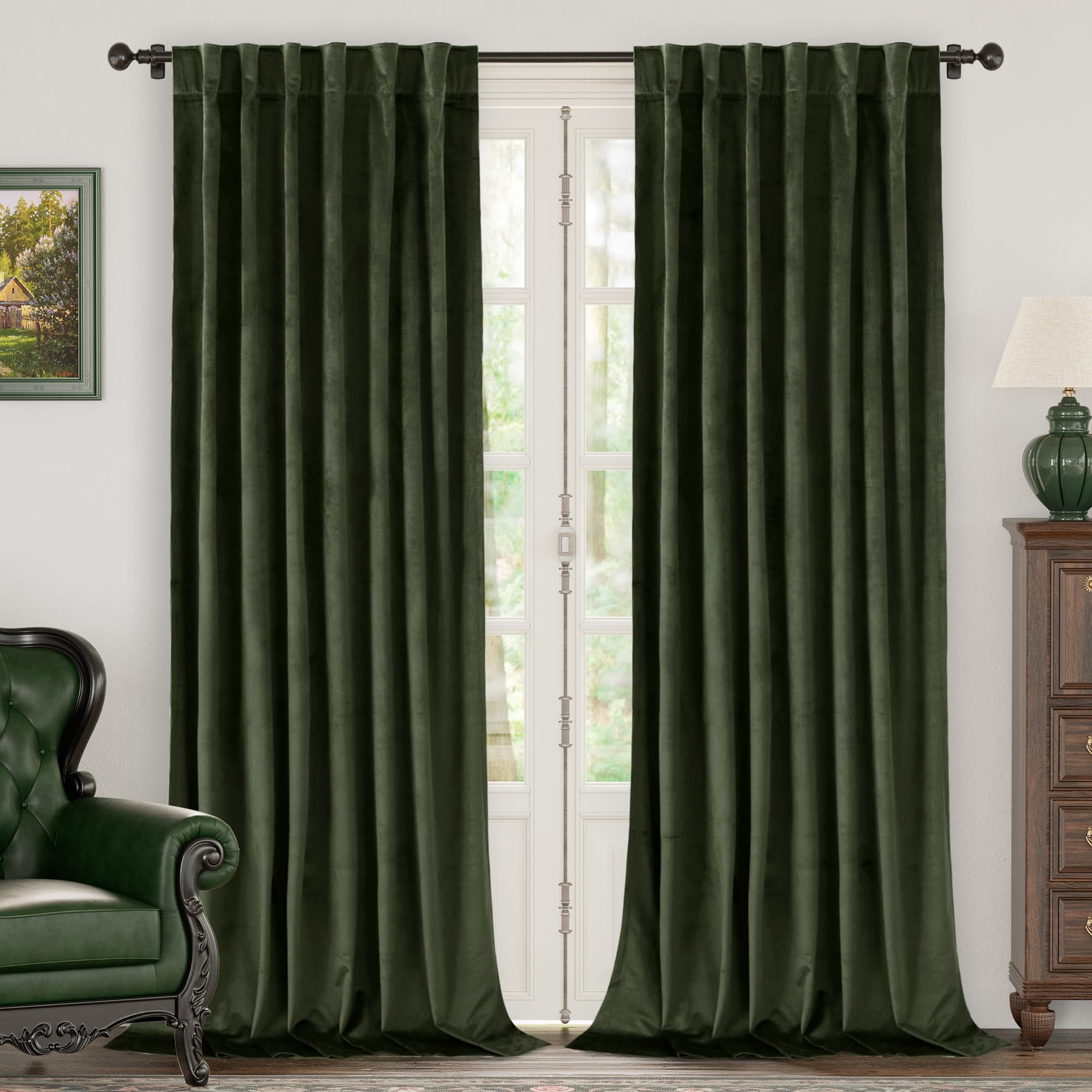 Bgment Olive Green Velvet Curtains 90 Inches For Living Room, Thermal Insulated Blackout Curtains Room Darkening Drapes With Bac