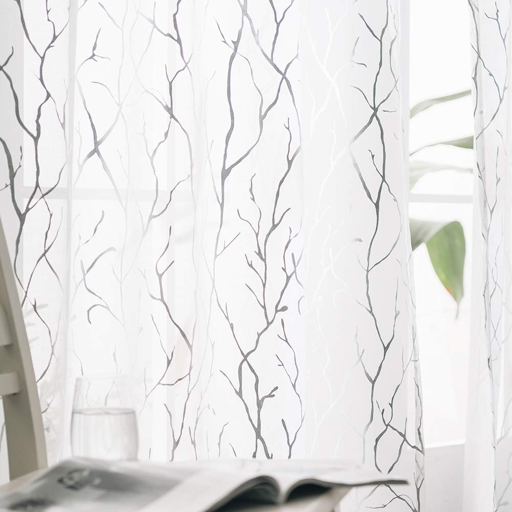 Finecity Tree Curtains For Living Room - White Sheer Curtains 72 Inches Long Silver Foil Tree Branch Design Print Curtain 2 Pane
