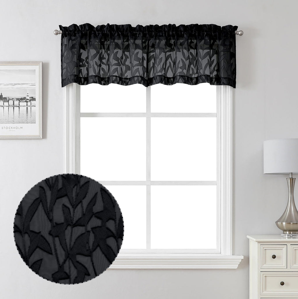 Lecloud Leia Sheer Black Curtains Window Valances For Kitchen 14 Inch Length 2 Pcs, Dual Rod Pockets Window Living Room Curtain