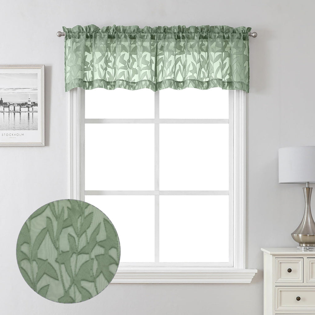 Lecloud Leia 14 Inch Sage Valance For Window Green Sheer Curtains 2 Pcs, Jacquard Texture Leaves Semi Voile Living Room Curtain