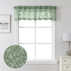 Lecloud Leia 14 Inch Sage Valance For Window Green Sheer Curtains 2 Pcs, Jacquard Texture Leaves Semi Voile Living Room Curtain