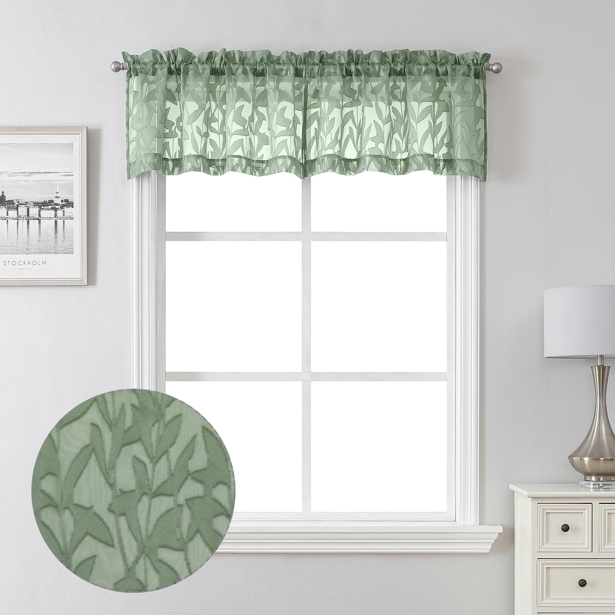 Lecloud Leia 14 Inch Sage Valance For Window Green Sheer Curtains 2 Pcs, Jacquard Texture Leaves Semi Voile Living Room Curtain